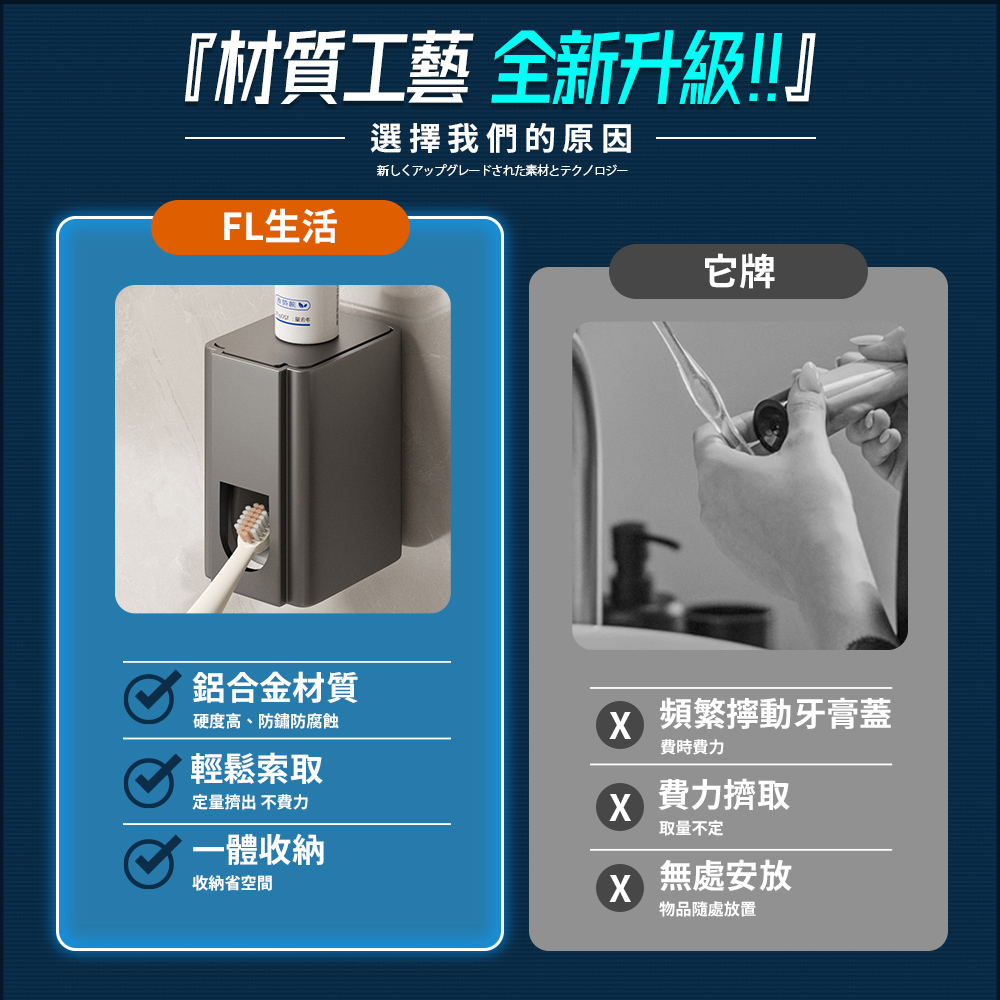 【FL生活+】航太鋁無痕壁掛自動擠牙膏器-無痕貼款(A246)